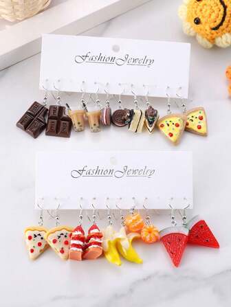 Set de 5 pares de pendientes realistas en forma de frutas y alimentos: chocolate 3D, té con leche, pastel, pizza, plátano, naranja, pendientes con dije de manzana - Joyería de comida de resina como regalo para mujeres