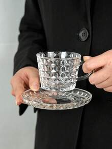 1件套高端玻璃咖啡杯碟套装创意浮雕钻石纹理优雅下午茶杯碟家用早餐牛奶杯茶杯