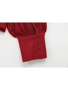 Damen Schleife am Kragen Langarm transparente Chiffon Bluse elegant für Büro und Business einzelne Knopfleiste Hemd Oberteil Frühlingsoutfit - Rot - Übersicht 10