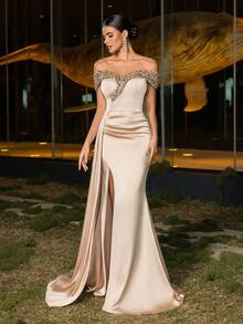 Elisanya 优雅露肩高开衩鱼尾晚礼服，全身亮片装饰，适合女士正式宴会礼服，非常适合婚礼仪式、红毯活动、新娘肖像和豪华摄影 - 香檳色 - 查看 8