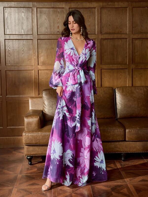 Faeriesty Faeriesty Printing Elegant Floral Chiffon Maxi Dress With Deep V-Neckline & Bow Detail – Perfect For Red Carpet Galas, Weddings, Luxury Dinners & Art Gallery Events