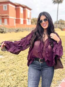 Áo sơ mi nữ tay dài chất liệu chiffon, thiết kế cài nút và xếp ly ở gấu áo, kiểu dáng thanh lịch, màu trơn, dáng rộng thoải mái, thích hợp cho kỳ nghỉ hè, phong cách bohemian, thời trang mùa xuân. - Màu Đỏ Sâu - Xem 8