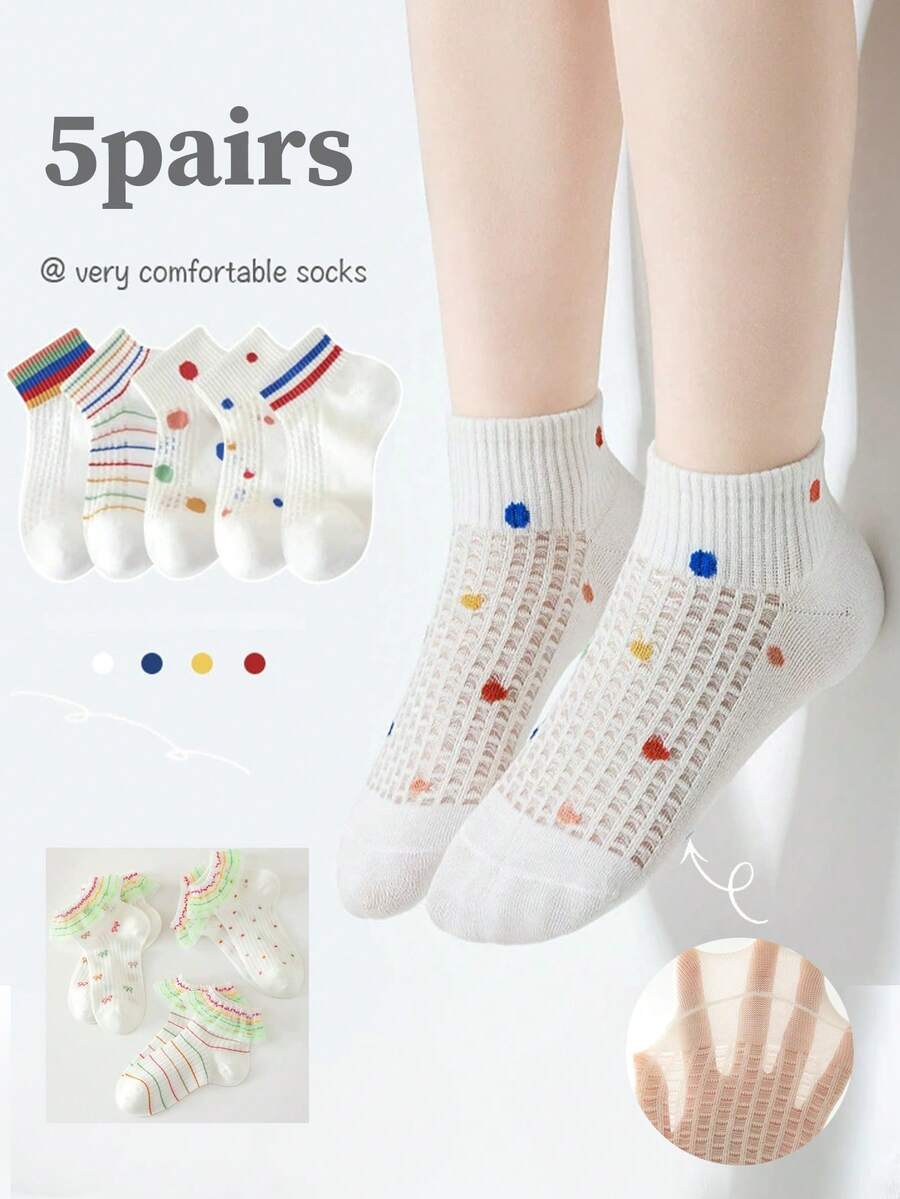 5 Pairs Princess Polka Dot, Ruffle Striped Colorful Lace Girls Socks - Breathable Comfortable Knitted Short Socks, Suitable For Outdoor Activities, Pink And White, Cute Socks - Multicolor - View 1