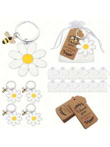 12pcs/3pcs Bee And Sunflower Keychain Gift Set - Cute Party Gift Return Sets Include, Stainless Steel Keychain, Organza Bag , Thank You Tags ,Suitable For Wedding, Bridal, Bachelorette Celebrations,Mother's Day Gifts,
