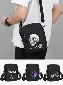 这款时尚黑色牛津布单肩包，配有可调节肩带，大容量休闲斜挎手机包，适合男士使用，饰有骷髅和玫瑰印花，是情人节、万圣节旅行者的理想礼物，也可作为帆布手提包、相机包、万圣节配饰、侧包或旅行包使用。 - 彩色 - 查看 1