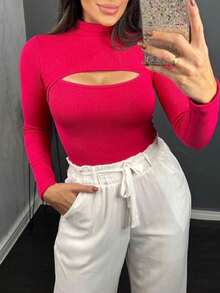 SIMPLE CUT-OUT KNITTED BLOUSE LONG SLEEVE CASUAL T-SHIRT - 西瓜粉 - 查看 2