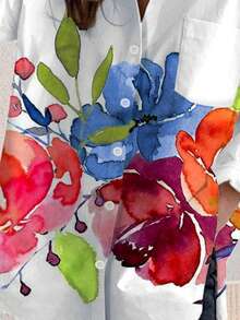 Áo sơ mi dài tay nữ họa tiết hoa, kiểu dáng thường ngày, thời trang, thích hợp cho mùa xuân. - Màu xanh lam - Xem 2