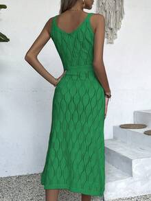 女士休闲V领纯色钩针开衩连衣裙，全白夏季款，奶油黄返校秋季款，优雅长裙派对款，秋冬季款（图案随机）