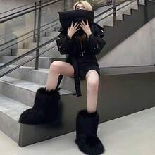Women's Furry Faux Fur Boots Fuzzy Fluffy Mid Calf Snow Boots Suede Warm Fur Lined Booties Flat Warm Short Winter Boots - màu đen - Xem 6
