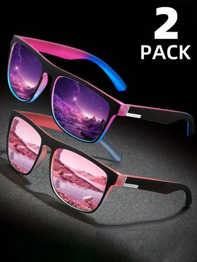 2pcs Set Women Outdoor Sports Multi-Color Lens Eyeglasses, TAC Coated Glasses With Classic Square Frame Design, Suitable For Daily Casual, Outdoor Activities, Photography, Party & More