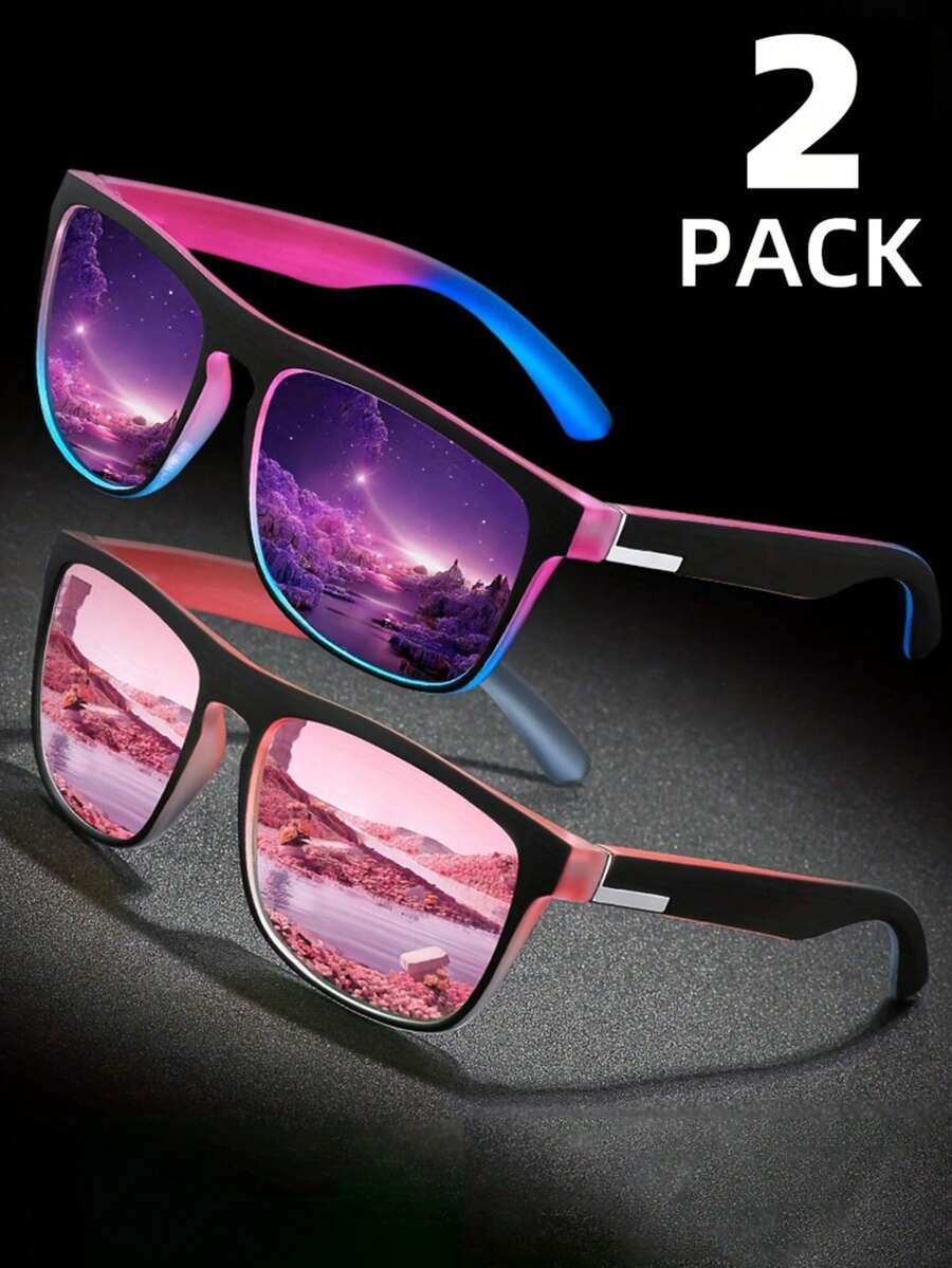 2pcs Women's Outdoor Sports Glasses With Multi-Color TAC Coated Lenses, Classic Square Frame Design For Outdoor Activities And Photography