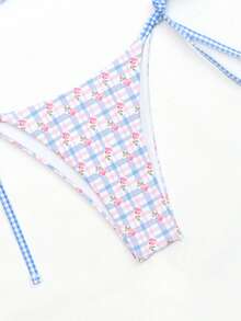 女士性感可爱格子玫瑰印花比基尼两件套，适合夏季海滩度假