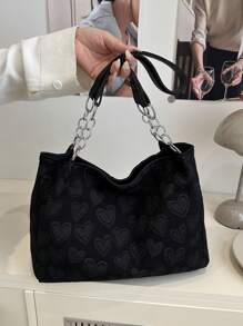 Large-Capacity Women's Casual Tote Bag With Heart Charm, Elegant For School, Shopping