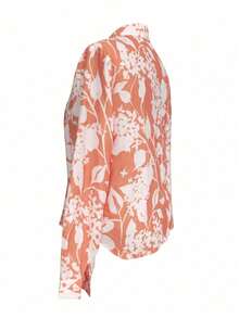 花卉印花翻领休闲宽松柔软亚麻衬衫，女式，春秋季 - 粉色 - 查看 3