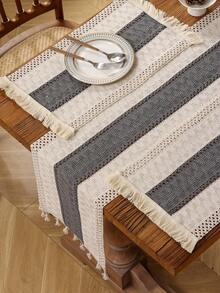 1 件奢华复古镂空编织流苏桌旗，装饰隔热餐垫，适用于橱柜、咖啡桌 - 灰色 - 查看 10