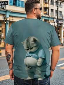 Plus Size Men's Casual Short Sleeve T-Shirt, Cute Cat Print Pattern, Breathable & Unique Design