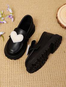 1 Pair Fashion Cute Heart PU Faux Pearl Hook Loop Non-Slip Comfortable Versatile Girls Flats Round Toe, Suitable For Outdoor, Daily, Party And School Wear In Spring And Autumn, Mary Jane Loafers - Black - View 3