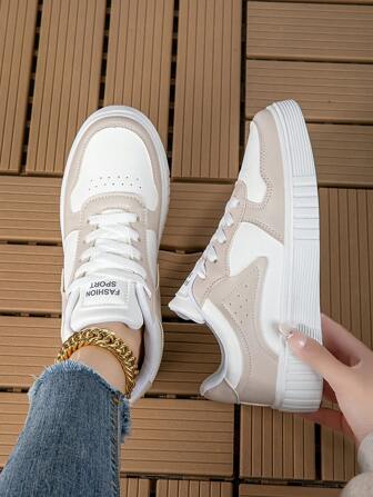 Women's Fashionable Casual Lace-Up Sneakers Low-Top Breathable Color Block Sports Shoes, Lightweight And Comfortable Skate Shoes