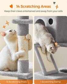 Feandrea Cat Tree, 81.1-Inch Large Cat Tower With 13 Scratching Posts, 2 Perches, 2 Caves, Basket, Hammock, Pompoms, Multi-Level Plush Cat Condo For Indoor Cats, Light Gray - 淺灰色 - 查看 6