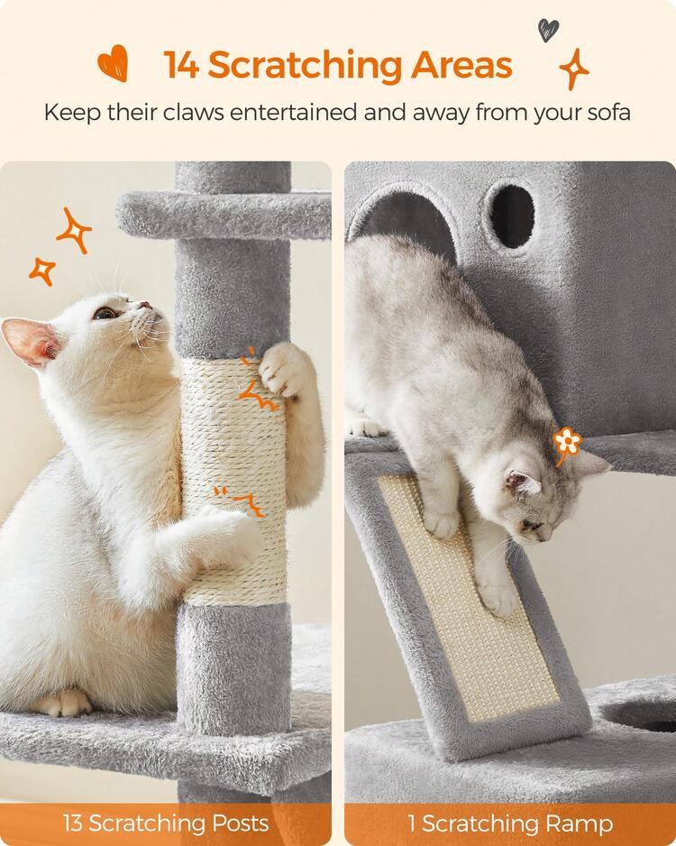 Feandrea Cat Tree, 81.1-Inch Large Cat Tower With 13 Scratching Posts, 2 Perches, 2 Caves, Basket, Hammock, Pompoms, Multi-Level Plush Cat Condo For Indoor Cats, Light Gray - Màu Xám nhạt - Xem 6