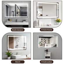Espejo de baño iluminado - Espejo de baño LED de 100x60 cm, espejo de pared de baño IP44 con interruptor táctil y reloj, función de eliminación de vaho, regulable de 3000K a 6500K