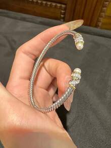 1 件独特珍珠和编织水钻镶嵌手链，精致奢华月光设计，适合女性日常、节日、派对、母亲节礼物 - 銀色 - 查看 2