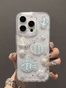 Cute Three-Dimensional Small Fish And Shell Drop Glue Decorative Phone Case Compatible 16 Pro Max/15/14/13/12/11 Waterproof Shockproof Anti-Fall Scratch Resistant