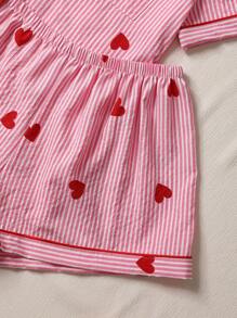 Dames zomer pyjamaset met korte strepen en hartjesprint - top met korte mouwen, kraag en broek, zachte nachtkleding, machinewasbaar, kan buiten gedragen worden, vakantie