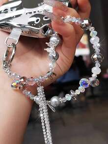 1pc Butterfly Tassel Pearl Crystal Mobile Phone Chain, Handmade Niche Phone Case Hanging Decor, Short Beaded Wrist Strap, Suitable For Outdoor Travel - Multicolor - View 5