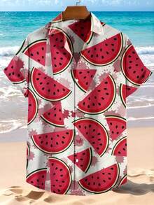 1pc Men's Fashionable Short Sleeve Vacation Style Watermelon Polyester (Dacron) Shirt - Multicolor - View 13