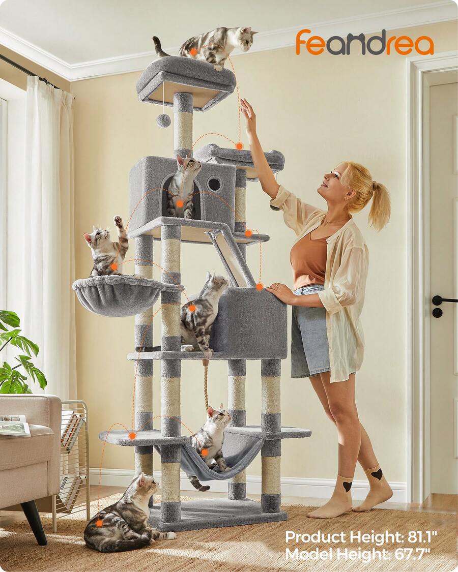 Feandrea Cat Tree, 81.1-Inch Large Cat Tower With 13 Scratching Posts, 2 Perches, 2 Caves, Basket, Hammock, Pompoms, Multi-Level Plush Cat Condo For Indoor Cats, Light Gray - 淺灰色 - 查看 1
