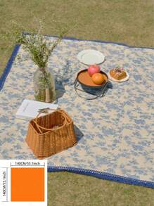 1pc French Romantic Vintage Floral Print Picnic Mat, Navy Blue Lace Trim, Thick & Durable, Multipurpose Covering Blanket Perfect For Outdoor Picnic, Family Gathering, Backyard, Afternoon Tea, Photography Background, Suitable For All Seasons