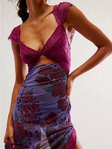 Women Y2K Lace Patchwork Floral Maxi Dress Sexy Cutout V-Neck Bodycon Party Dress Slit Backless Going Out Dress - 紫色 - 查看 1