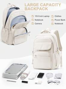学校背包笔记本电脑背包 15-17 英寸男女款，轻便耐用学校书包男士女士 15.6 英寸电脑包 - 米色 - 查看 4