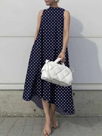 女式新款休闲中长款波尔卡圆点圆领不对称A字连衣裙
