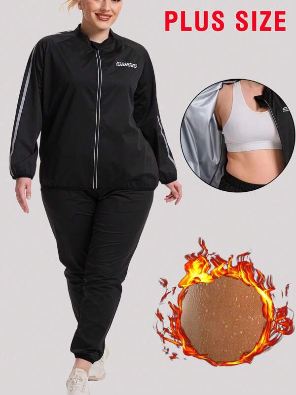 1Set Women Plus Size Sauna Suit Full Body Sweat Suit Weight Loss Sweat Jacket Pants Gym Workout Sets Suitable For Running, Fat Burning, Yoga, Fitness