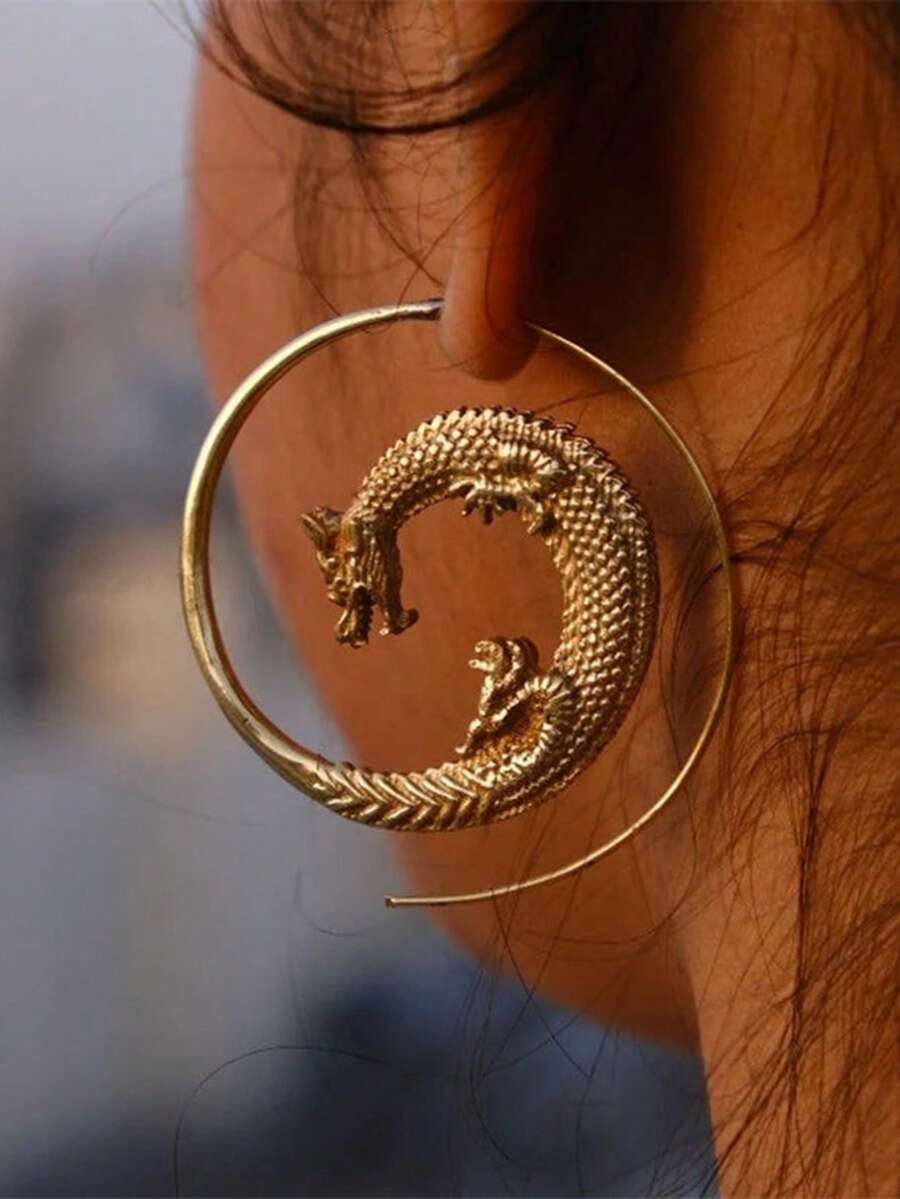 1 par de pendientes de aro grandes con diseño de dragón en estilo gótico vintage para mujeres, de color dorado, regalo de cumpleaños para fiesta - pendientes - Ver 1
