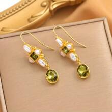 Aretes vintage de cristal y perla falsos con diseño geométrico verde, accesorios elegantes y creativos para fiestas