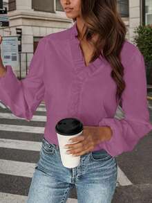 Women's Ruffled Cotton Casual Long-Sleeved Shirt, Elegant Vacation Top - Màu tím - Xem 1