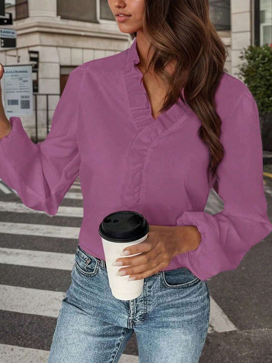 Women's Ruffled Cotton Casual Long-Sleeved Shirt, Elegant Vacation Top - Màu tím - Xem 1