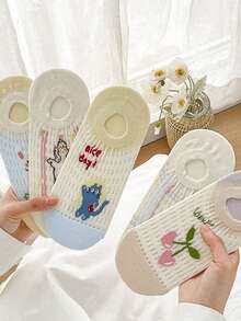 5 Pairs Of Women's Boat Socks, A New Style For Spring And Summer 2025, Cute Cartoon, Shallow And Thin Invisible Socks, Mesh Hollow Anti Slip Short Socks, Suitable For Indoor Rest, Outdoor Leisure Or Sports, Etc - Multicolor - View 12