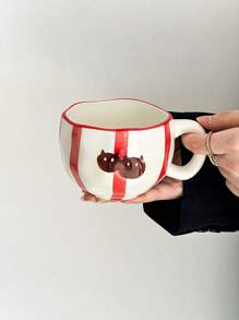 1pc Handpainted Asymmetrical & Asymmetric Ceramic Mug, High-Aesthetic Line Art Devil & Bear Style, Large Capacity Drink Cup For Home, Breakfast, Milk, Coffee, Graduation, Birthday, Holiday Gift For Girlfriend/Boyfriend