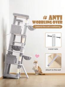 SHA CERLIN 81in Multi-Level Tall Cat Tree Tower For Indoor Kitties/Larger Cat Condo Furniture With Hammock/Cozy Pussycat Perches/Sisal Scratching Posts/Pet House/Wide Base, Grey|Beige|Dark Grey|Pink|Leopard Print|White & Black Spot - Màu Xám nhạt - Xem 8