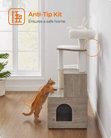Feandrea Cat Tree With Litter Box Enclosure, 2-In-1 Modern Cat Tower, 55.1-Inch Cat Condo With Scratching Posts, Removable Pompom Sticks, Greige - Grey - View 9