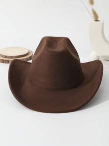 1pc Unisex Solid Boho Cowgirl Hat Cowboy Hat Ridge Wide Brim Handmade Plain Fedora Hat Jazz Panama Hat Soft Felt Hat Western Suitable For Daily Use - 咖啡棕 - 查看 2