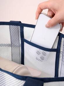 1Pc/Set Macaron Colors Mesh Beach Tote Bag Set With Phone Pocket, Nylon Casual Transparent Toiletry Bag Set With Zipper, Large Capacity Lightweight Storage Bag, Oversized Sandproof Swim Tote, Portable Reusable Summer Tote Bag With Hanging Handle, S/L Wash Bag Gift For New Semester, Spring/Early Summer, Anniversary, Vacation, Daily Use, Holiday, Mother's Day Gift, New Style In 2025.
