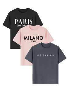 Conjunto de tres piezas de camiseta de cuello redondo casual con estampado para niñas, de manga corta, para estudiantes y niños pequeños en verano - ¡Las camisetas coloridas traen alegría y felicidad a cada niño! Ropa de niñas, camisetas gráficas de verano, ropa de niña preadolescente