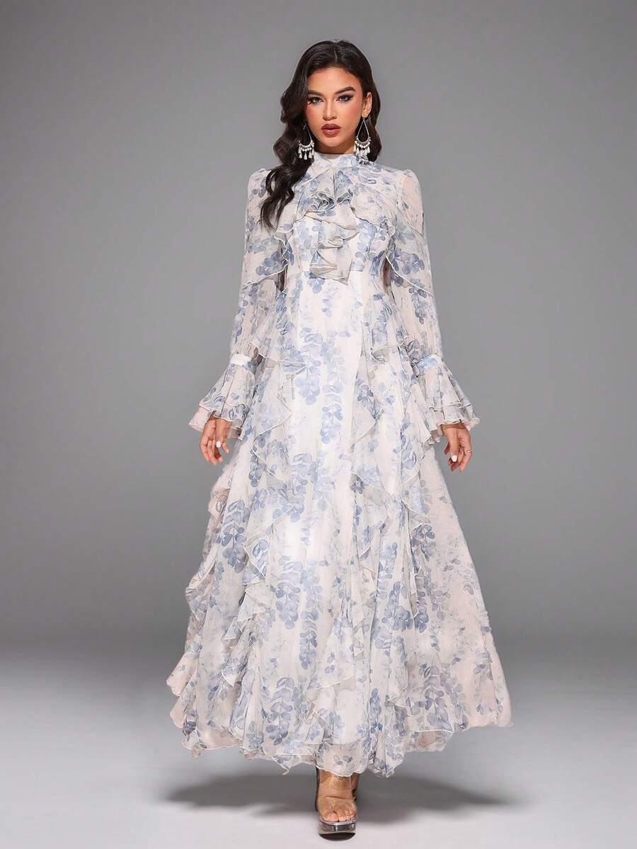 女士荷叶边飘逸长裙，带有随机花卉印花，优雅，派对礼服，长袍，正式，晚会，婚礼宾客