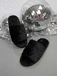 Women's Spring/Autumn Fluffy Furry Slip-On Slippers, Fashion Glitter Strap Open Toe Soft Sole Non-Slip Flat Sandals For Bedroom/Indoor,Gift For Mom, Black/Pink/Grey