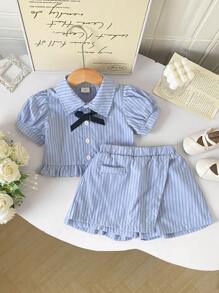 2 Pieces Girls Casual Outfit, College Style Short Blue Striped Shirt And Skort Set